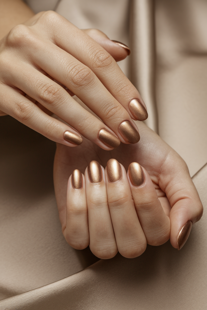 A hand with bronze nail polish