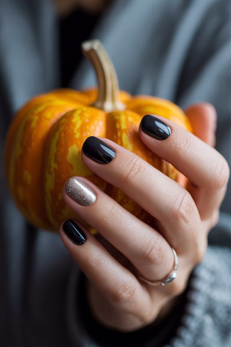 Black Halloween nails with accent glitter nail