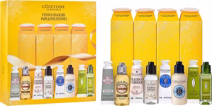 L’Occitane festive crackers set with three mini skincare treats on a holiday background.