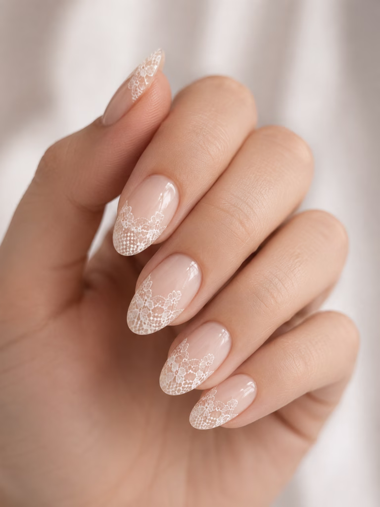 Bridal lace nail design paired with white lace fabric